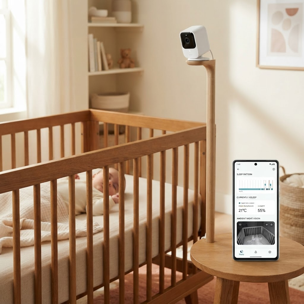 كاميرا مراقبة أطفال ذكية Nanit Pro فوق سرير الطفل مع تطبيق الهاتف